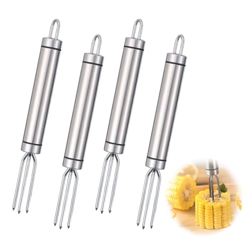 4 Stück Pellkartoffelgabel aus Edelstahl, Maisgabel mit 3 Zinken, Edelstahl poliert Kartoffelgabel, Wiederverwendbar als Maisspieß, für Mais, Obst, Kartoffeln, Grill, Spülmaschinengeeignet, Silber