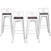 HAOBO Home Modern Industrial Metal Bar Stool Counter Height Stools [Set of 4] Stackable Dining Chair (24", Low Back White Wooden Seat)