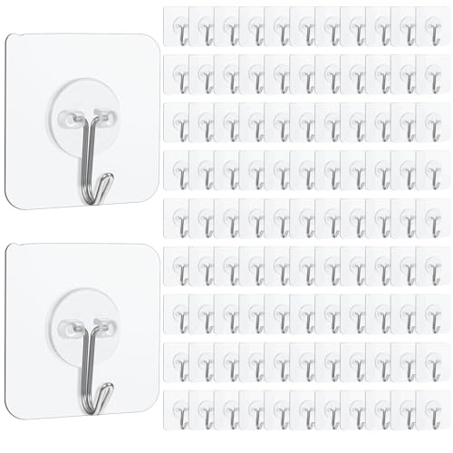 Image of MAQUITA 200 Pack Adhesive Wall Hooks 24lb(Max) Self Adhesive Hooks Heavy Duty,Transparent Reusable Wall for Hanging for Kitchens, Bathroom, Office