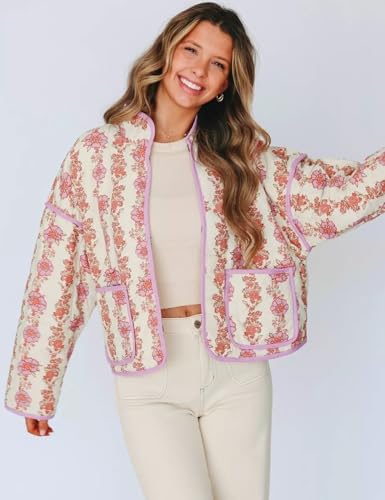 Arssm Women Floral Quilted Puffer Jacket Cropped Lightweight Patchwork Vintage Padded Short Coat Outerwear(Purple-S)2