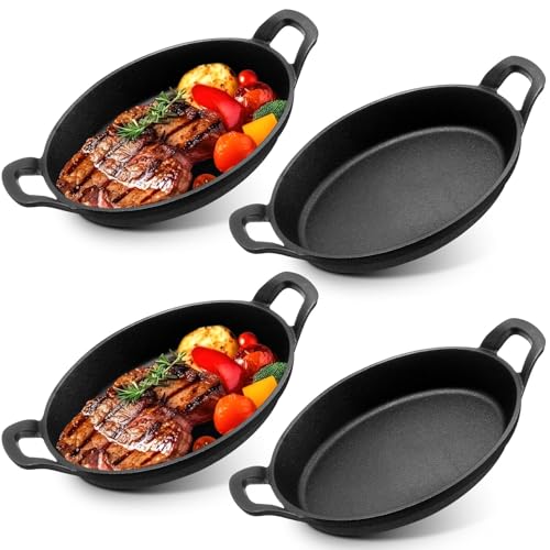 4 Stück Mini Gusseisen Servierpfännchen mit 2 Griffen, 21×15 cm Kleine Gusspfanne, Servierpfanne Gusseisen Grillpfannen für Ofen, Induktion, Backen, Braten & Küche