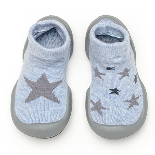 Komuello Boy Baby Toddler Pull Up First Walker Non Slip Soft Cotton Premium Sock Shoes Twinkle Twinkle - Heather Blue, Size 6 (125mm, 12-18 Months)