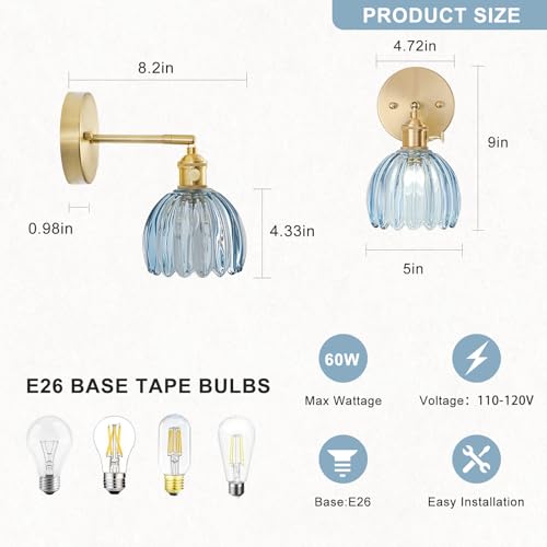 Image of Hardwired Wall Sconce Light, Vintage Wall Sconce with Switch, Gold Wall Light Fixture with Tulip Denim Blue Glass Lampshade, Indoor Wall Light for Bedroom Bathroom, Bedside Wall Lamp