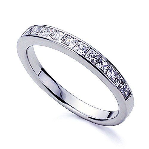 DoubleAccent Platinum Plated Sterling Silver Ring 1 CT Princess CZ Stone Half Eternity Ring Wedding Band, 2.5mm (Size 5 to 11)