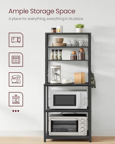 Image of VASAGLE Coffee Bar, 23.6 Inches Baker's Rack for Kitchen with Storage, 6-Tier Kitchen Shelves with 6 Hooks, Microwave Stand, Industrial, Charcoal Gray and Ink Black UKKS024B22