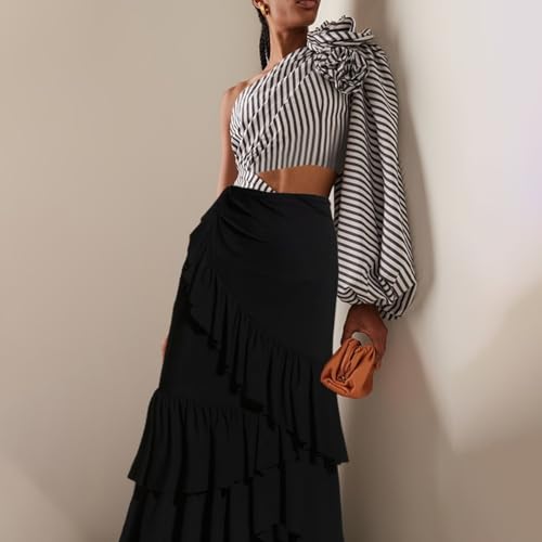 Women's One Piece Swimsuit with Long Cover Up Skirt, Off Shoulder Design with Asymmetric Sleeve & 3D Floral Accent 6