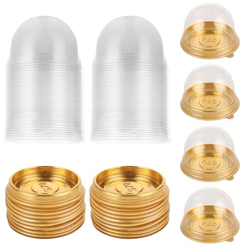 RHBLME Gold Mini Dessert Containers, 300 Pack Clear Plastic Mini Cake Boxes with Dome Lids, 3