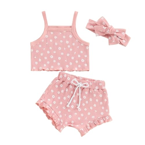Image of Lnzyyephy Infant Baby Girl Clothes Sleeveless Ribbed Floral Print Tank Tops Ruffle Bloomer Shorts Newborn Summer Outfits Set