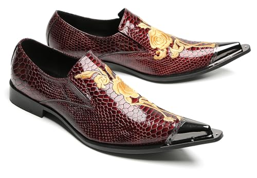 Santimon Men's Slip-On Shoes Dress Casual Loafers - Embroidered Rose Snake Pattern Patent Leather Mocasines for Formal Party Prom Wedding Disco4
