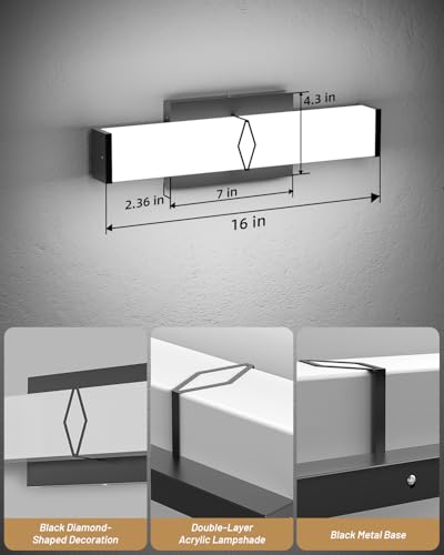 Image of Bathroom Light Fixtures Over Mirror,16inch Modern Vanity Lights for Bathroom,20W 2000lm Dimmable LED Vanity Light Bar,Black Vanity Lighting Fixtures,5700K Cool White,ETL Certified