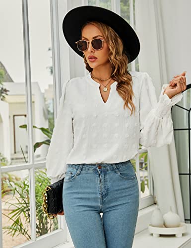 Blooming Jelly Womens Puff Long Sleeve Bodysuit Dressy Tops Business Casual Black Body Suit Chiffon Blouses (White,X-Lareg) #TOP3