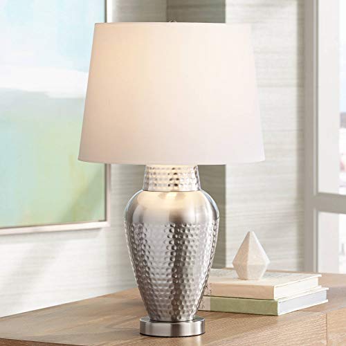 Rupert Modern Contemporary Table Lamp 25" High Hammered Brushed Nickel Metal Vase White Linen Drum Shade Decor for Living Room Bedroom House Bedside Nightstand Home Office - 360 Lighting