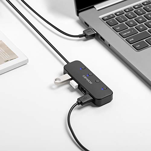 CZHOON USB Port Expander, 4-Port USB Hub with Switch, USB 3.0 5Gbps Super Speed Data Hub with 2ft Cable, Compatible with PC, Laptop, MacBook, MacBook Air, iMac, Surface Pro and More USB Devices