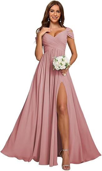 ZOOYYUE Wickelkleid,Damen Off Shoulder Chiffon Brautjungfernkleider Lang - Formeller A-Linie V-Ausschnitt Lang Abendkleider Elegant Hochzeit Schlitz...