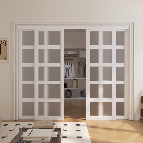 SOLRIG Double Closet Door, 96''(Double 48') x 80' Sliding Closet Doors, 5-Lite Frosted Glass Pantry Door with Hardware Track Kit & Floor Guide, Pre-Drilled Door Panel Need to Assemble, MDF, White