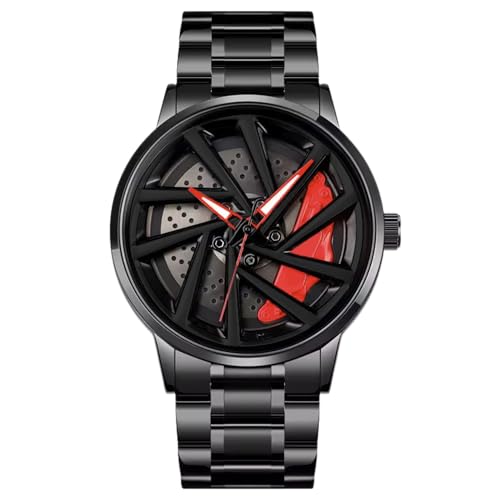 Image of HORAME 42mm Car Alloy Wheel Watch for Men, Gyro Wheel Rolling Watch for Men with Black Steel Chain, 30M Waterproof Round Metal Rim Rotating Watches, Analog RS7 Spinning Car Watches for Boys