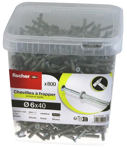 fischer - Seau de 800 Chevilles à Frapper 6 x 40 en Acier électrozingué, collerette Plate, Clou à Empreinte Pozidriv