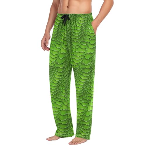 Men’s Green Snake Scales Pajama Pants with Pockets, Comfortable Lounge Sleep Bottoms#2894