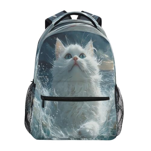 White Cat Water Kitten Animal Backpack for School Boys Girls Adults Kids Bookbag Laptop Bag 18L