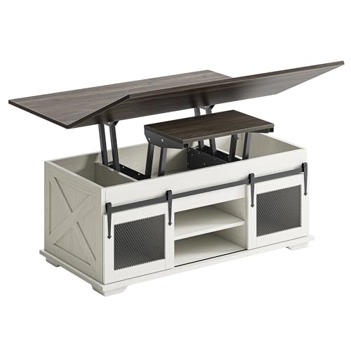 Image of BELLEZE Lift Top Coffee Table, 44 inch Farmhouse Table with Storage & Sliding Barn Doors, 3 in 1 Multi-Function Coffee Table for Living Room, Dining Reception Room, Lawson - White Sand