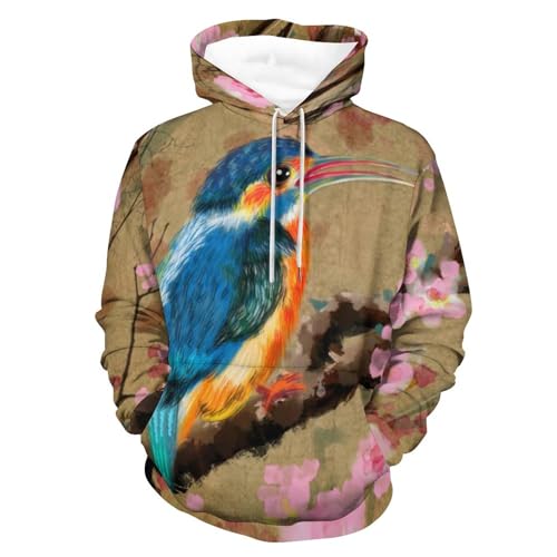 Hoodie mixte imprimé oiseaux et fleurs anciennes avec manches longues