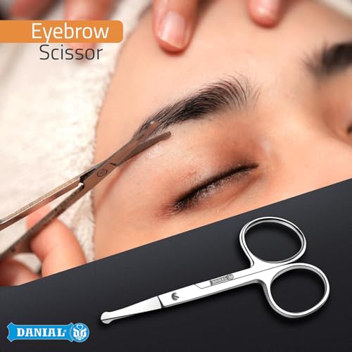 Image of DANIAL Eyebrow Scissors, Small Scissors for Men and Women - Curved and Rounded Nose Hair Scissors for Grooming Mustache, Beard, Eyelashes, Ear Hair Trimming- Professional Stainless Steel - Silver