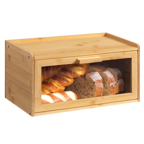 HollyHOME Cajas de pan rectangulares de bambú natural para cocina, caja de almacenamiento para pan, caja de almacenamiento con tapa transparente de acrílico, rectangular transparente