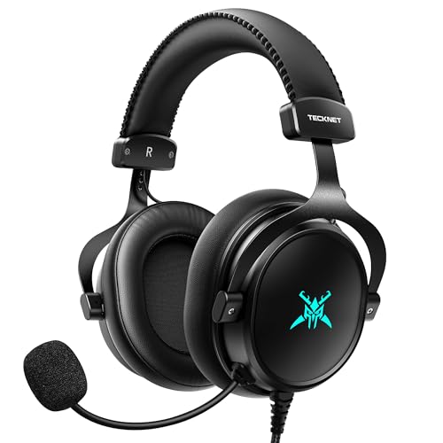 TECKNET Kabelgebundenes Gaming Headset mit Mikrofon, 3,5 mm Klinke, Stereo Surround Sound, LED-Beleuchtung, Over-Ear Kopfhörer, Gaming Kopfhörer für PC, PS4, PS5, Xbox Series X, Switch, Mac & Laptops