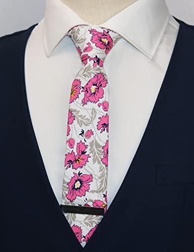 Image of Men's Skinny Tie Floral Cotton Necktie and Tie Bar Clip Sets, Great for Weddings,Groom,Groomsmen