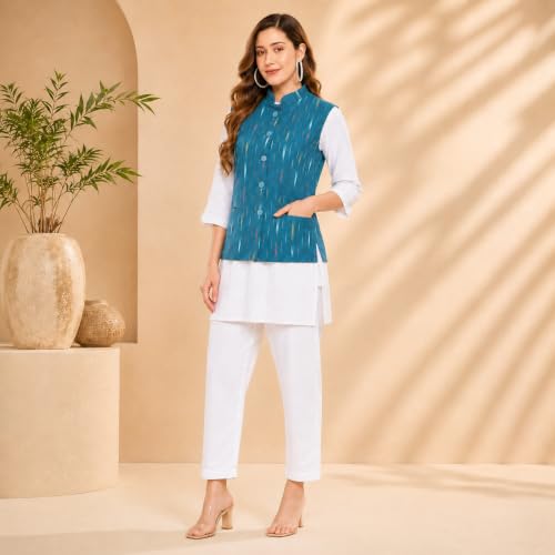 Image of Vastraa Fusion Women's Ikat Cotton Nehru Jacket Printed Waistcoat Sleeveless Mandarin Collar Button Front Ethnic Casual Wear
