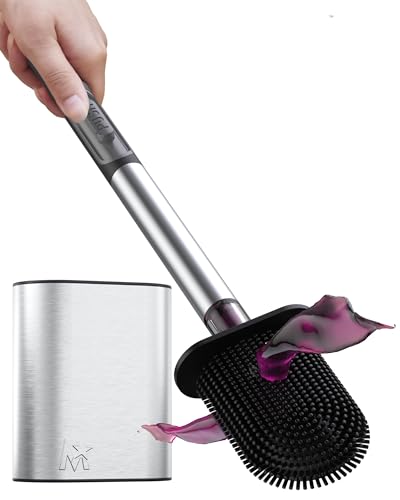 MooStar Silicone Toilet Brush with Holder - Stainless Steel Wall-Mounted & Free-Standing Toilet Brushes and Holders with Quick-Drying Flexible Flat Brush Head & Soap Dispenser for Bathroom 1-Pack