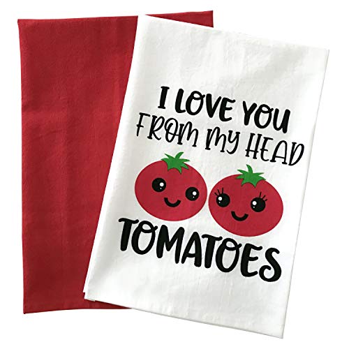 Kitchen Towels Set, Funny Dish Towels, I Love You from My Head Tomatoes, Flour Sack Towels, Set of Two White and Red, Farmhouse Decor, Cute Housewarming Gift, Fun Present for Christmas or Birthday