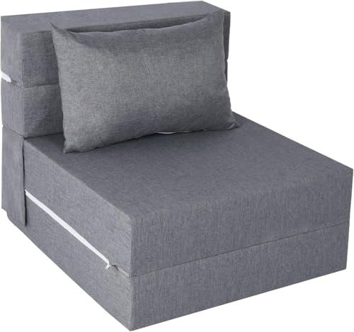 Fvkind Folding Sofa Bed, Foldable Sleeper Chair with Pillow, Convertible Futon Sofa Bed with Washable Cover, Fold Out Couch for Living Room, Dorm, Guest Room, Single Size, Light Grey