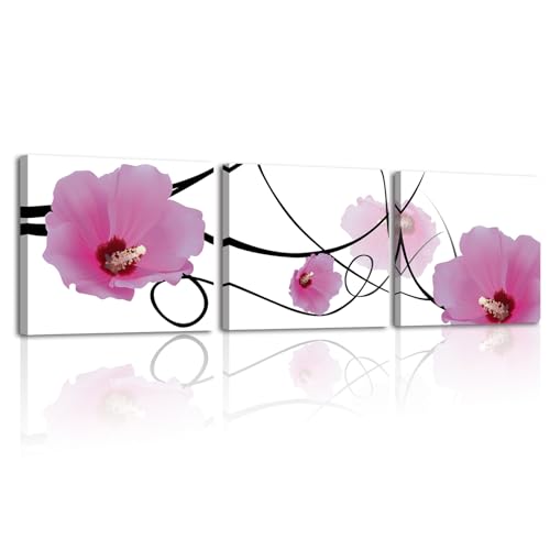 Piy Painting 3 peças flores modernas pinturas decorativas sala de estar flor minimalista impressões de tela rosa folhas para parede cartazes quartos quadros decoração corredor escritório 30 × 30 cm/12