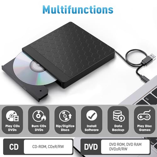 Image of External CD /DVD Drive for Laptop, CD Burner with 2 USB Ports &TF /SD Card Slots, DVD Player for Laptop, USB 3.0 DVD Drive External CD Reader Compatible with Laptop Desktop PC Windows 11 /10 /8.1 /7 Mac