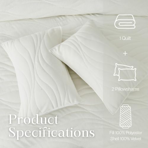 Image of DOWN HOME Crinkle Textured Velvet Quilt Set with Shams, All-Season Luxury Modern Bedding,Easy Care Comforter,Ultra-Soft,Lightweight & Breathable, King, Throne White
