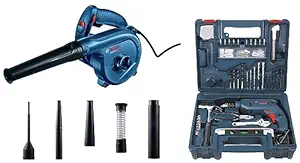 Bosch GBL 82-270 Heavy Duty Blower with Dust Extraction, 820 W, 16,000rpm, 5.7kg + 1 Year Warranty & Bosch GSB 500W 500 RE Corded-Electric Drill Tool Set (Blue), 10 mm