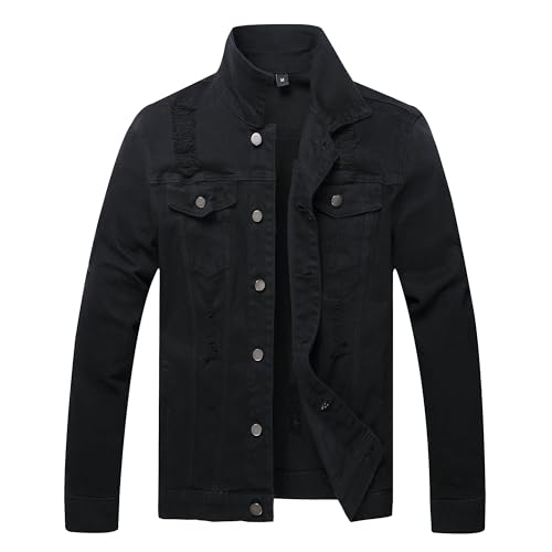 Image of RANMCC Men's Elastic Ripped Denim Jacket, Vintage Washed Frayed Trucker Coat, Lightweight Casual All Season Street Outerwear