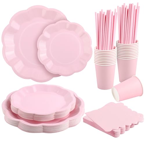 Vivantia 150 Pieces Pink Party Tableware Set for 30 Guests Disposable Pink Party Supplies Include Scalloped 7/9 Inch Paper Plates Napkins Cups Straws for Baby Shower Wedding Birthday