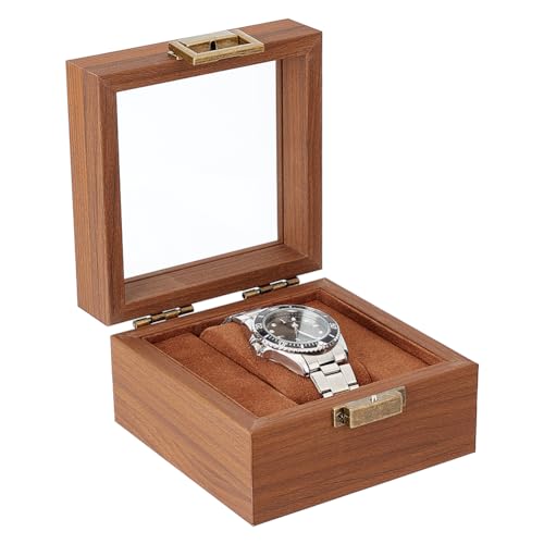 AHANDMAKER Single Watch Display Stand with Clear Glass Window Wood Watch Gift Box Watch Holder Jewelry Collection Jewelry Holder, Coconut Brown