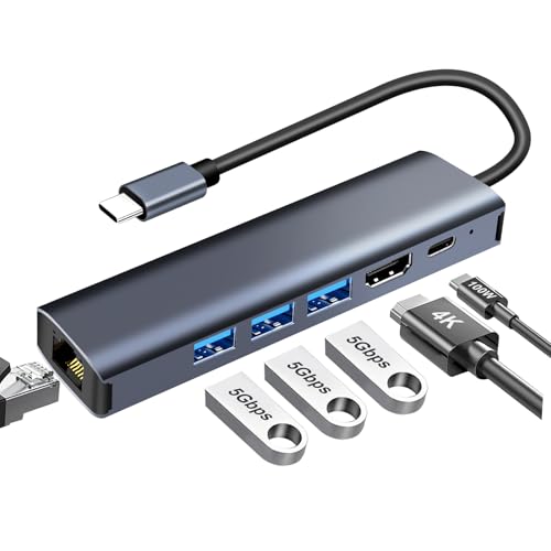 Hub USB C Ethernet 1000M,6 en 1 Docking Station con HDMI 4K@30Hz,PD 100W,3 USB-A 3.0 5Gbps,Tipo C Ethernet RJ45 Gigabit Adaptador para iPhone serie 16/15,MacBook Pro/Air,iMac, iPad Pro,Surface,Samsung