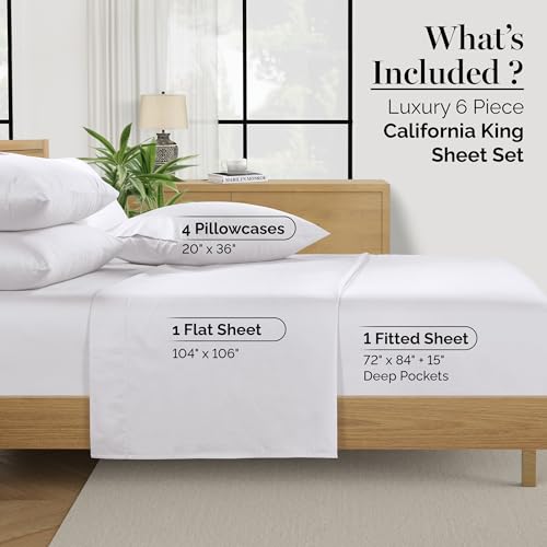 Casa Platino 100% Egyptian Cotton Sheets California King Size Set - 6 Pcs (1 Flat, 1 Fitted, 4 Pillowcases)- Smooth Sateen Weave Bed Sheets, 15" Deep Pocket - Pure White Sheet Set