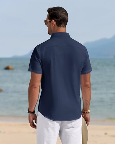 Image of J.VER Mens Linen Shirt Short Sleeve Button Down Casual Summer Shirts | Cotton Linen, Untucked, Big Tall, from Beach Camp Vacation, Cruise Fishing, Work Office, to Wedding Party Family, with Pocket