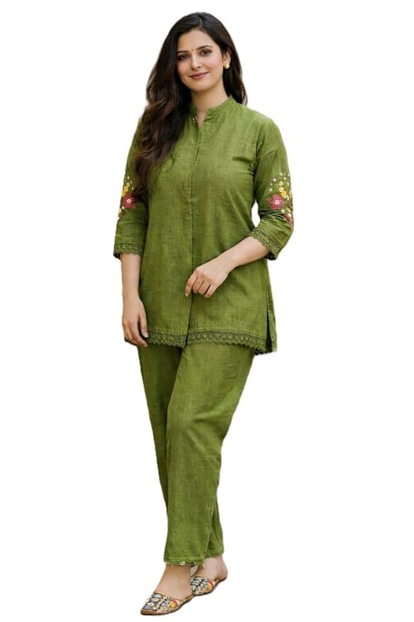 Women's Pure Cotton Co-Ord Set, Green Kurta with Pant, Floral Embroidered 3/4 Sleeve, Stylish Pocket Design-picture-25