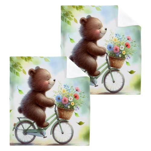 YANENDIE Cute Bear Watercolor Washcloths Towels, Highly Absorbent and Soft Cotton Face Cloths, 2 Pack Quick Dry Wash Cloths - 12 X 12 Inches
