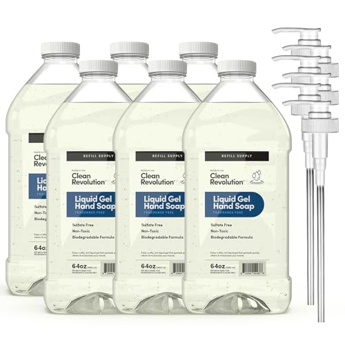 Image of Clean Revolution Liquid Gel Hand Soap Refill - Sulfate-Free Gel Hand Wash, Moisturizing Bulk Refill, Non-Toxic Formula (Fragrance Free) 64oz, 6-Pack with Pumps