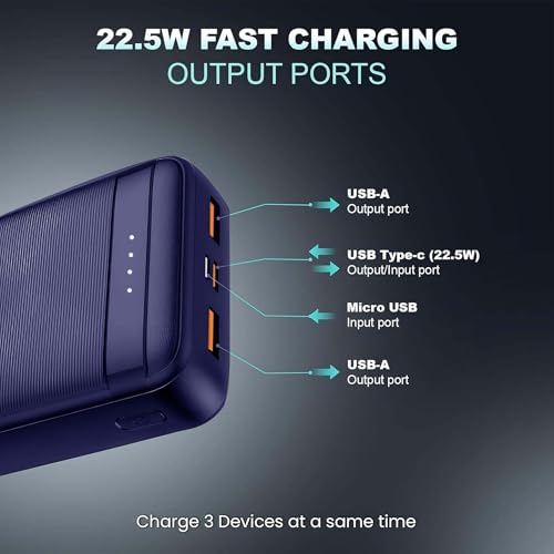 Image of Kratos Legend Champ Power Bank 20000mAh, 22.5W Fast Charging with Power Delivery & Quick Charge, Triple Output, USB Type-C Input & Output, BIS Certified, Made in India (Blue)