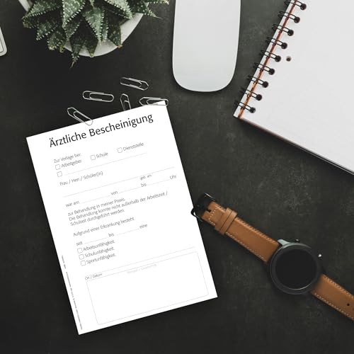 notizblock24 Bescheinigung für Ärzte, 5 Blöcke, je 50 Blatt, A6, für Ihren Praxisdrucker oder zur Handbeschriftung