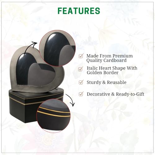 Image of Oasis Pack of 2 Italic Heart Shaped Gift & Flower Hamper Boxes With Clear Lid | Classic Bouquet Box for Flower Arrangements & Gift Hampers | Decorative Gift Packaging Box - Midnight Black Heart