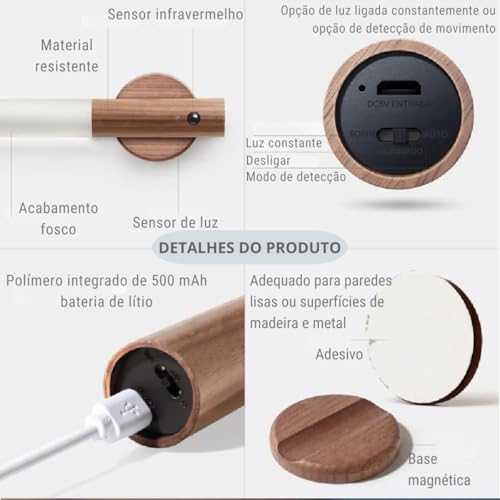 Luminária LED De Parede Cabeceira Cama Automática Decorativa Recarregável com Sensor de Movimento (C